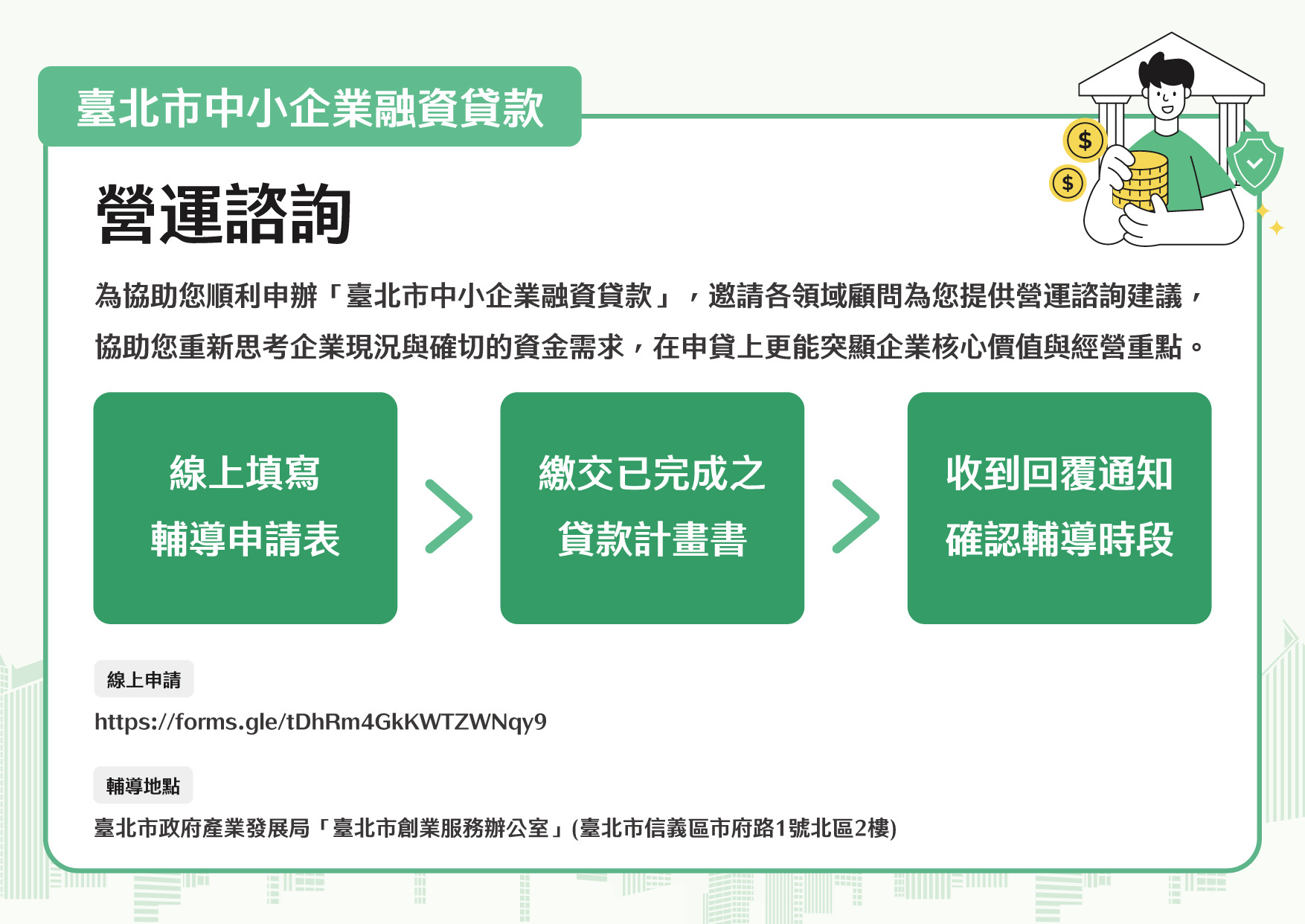 📣「臺北市中小企業貸款」營運諮詢輔導預約開放囉！